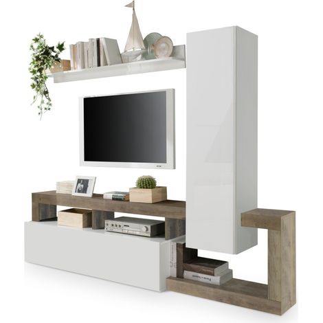 Möbelset Wohnzimmer mit Stauraum 220 cm, Kollektion BURA, Weiß Hochglanz/Helle Eiche