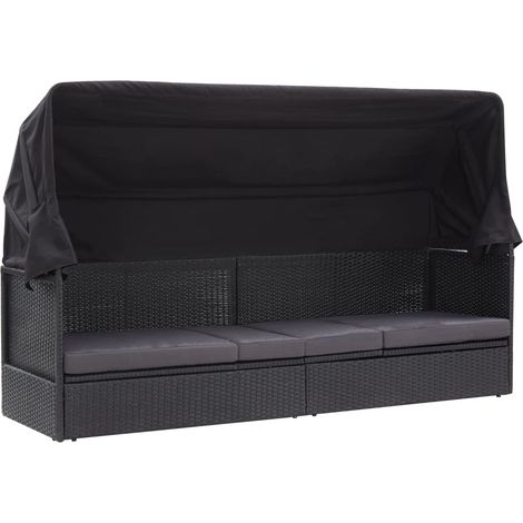 vidaXL Divano Letto da Esterno con Baldacchino in Polyrattan Nero