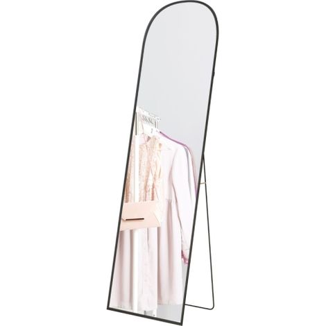 Specchio a pavimento o da parete 169 × 49 cm, in vetro temperato di sicurezza con curvatura convessa, cornice in alluminio nero, ideale per soggiorno, camera da letto ed ingresso