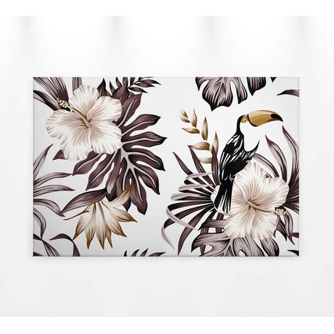 Tableau moderne deco salon été | Tableau sur toile fleur hibiscus & toucan | Tableau tropical fleuri beige marron & gris 0,9 x 0,6 m (1/5)