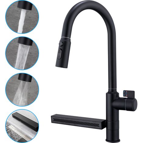 Rubinetto Cucina Nero a Cascata con Doccetta Estraibile 3 Getti, Rotazione 360°, Temperatura Regolabile, Corpo in Ottone