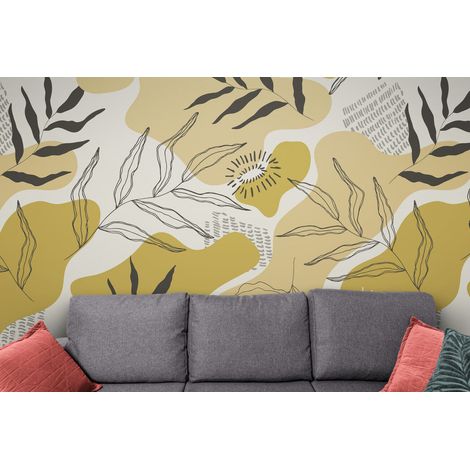 Papier Peint Géométrique - Feuillages Abstraits Dorés - 150 x 250 cm (1/2)