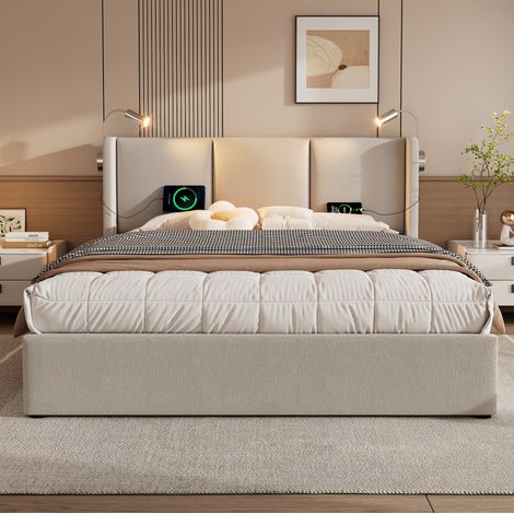 Cama arca 180x200 cm - Cama doble - Con cabecero, luz de lectura y 2 puertos USB - De tela - Beige - Sin colchón (1/5)