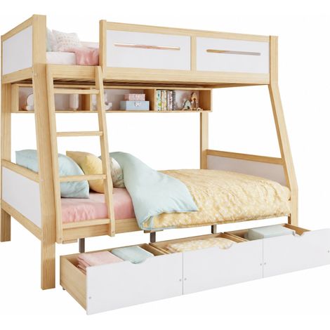 Lit superposé enfant 90x200 et 120x200, 3 tiroirs à roulettes, range-livres 2 m, sécurité 4 côtés, échelle, blanc et bois, pour chambre évolutive  CHICFURN (1/5)