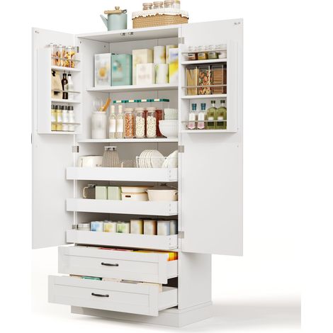 Buffet haut de cuisine Blanc,meuble de rangement moderne,avec 2 portes,2 tiroirs,portes vitrées,80x37.5x180cm (1/5)