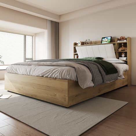Lit coffre hydraulique 180x200 cm avec tête de lit à rangements, prises USB Type-C, sommier à lattes, MDF bois naturel (1/5)