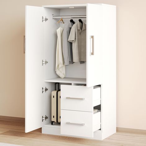 Kleiderschrank 70x40x135 cm weiß aus Holz mit Doppeltüren und 2 Schubladen (1/5)
