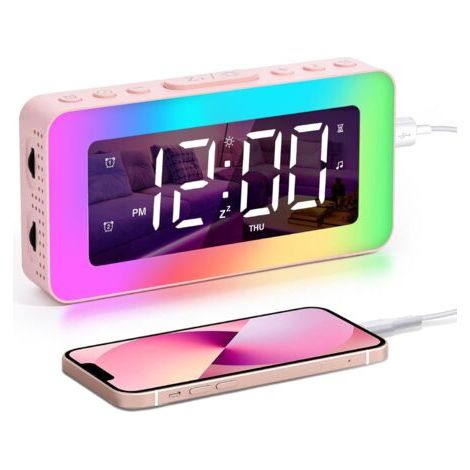 Réveil Numérique pour Enfants avec Lumière - Horloge Miroir avec Double Alarme - 8 Sons et Minuterie d'Endormissement - Chargeur USB