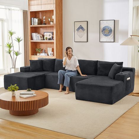 Canapé panoramique en U XL 6 places, canapé modulable en velours côtelé avec assise large rembourré Gris foncé, 339 x 158 x 82 cm (1/5)