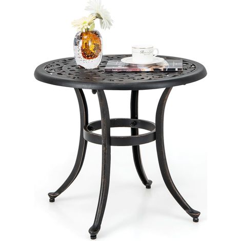 GOPLUS Table Basse Ronde de Jardin D.60x53CM en Fonte Aluminium Vintage Rétro-Charge 50KG pour Jardin/Porche Marron (1/5)