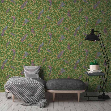 Papier peint vert & doré motif oiseaux roses Tapisserie baroque chambre originale Papiers peints de designer italien pour salon (1/5)