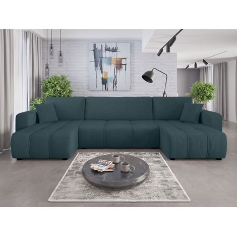 Wohnlandschaft mit Schlaffunktion DAGNY Sofa U-Form in Stoff Poso Meeresgrün
