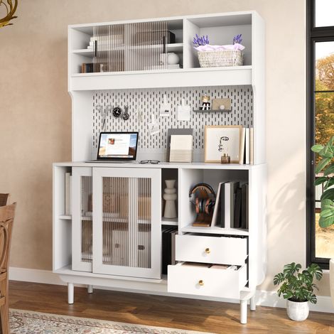 Buffet de cuisine 117 x 30 x 170 cm, 4 portes coulissantes en verre rainuré, 2 tiroirs, niches, panneau arrière perforé, blanc (1/5)