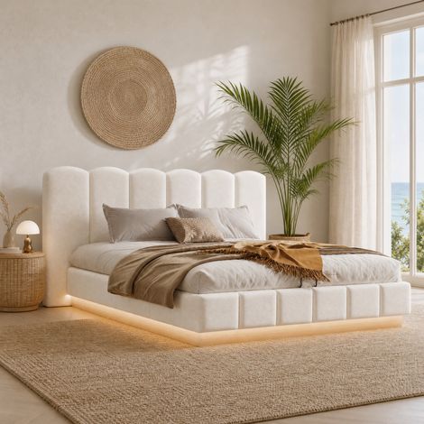 Polsterbett 180x200 cm mit Lattenrost, Kopfteil und LED-Beleuchtung, weiß Bouclé HAVRYA (1/5)