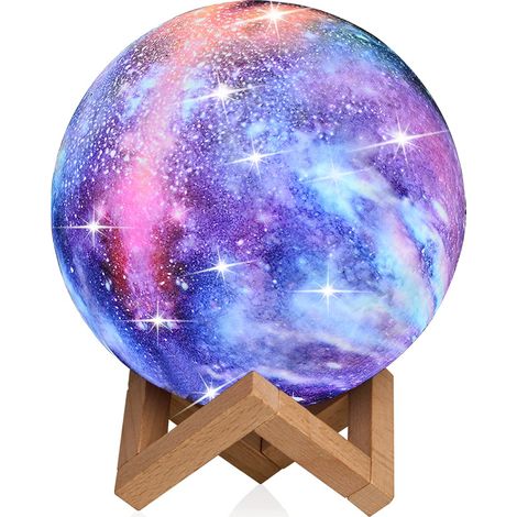 Lampe Lune, Veilleuse Enfants Galaxy Lampe 7 Couleurs Lumière Lune avec Support en Bois - Télécommande et Contrôle Tactile USB Rechargeable Cadeau pour Filles Amoureux Anniversaire - 8cm