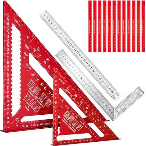 Kit d'équerre de charpentier en aluminium - Multifonctionnel - Angle de butée pour le travail du bois - Angle d'onglet 45/90 degrés avec crayon - Outil de mesure pour bricoleurs et professionnels (1/5)