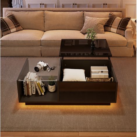 Tavolino da caffè 100x50x33-46.5 cm nero in pannello truciolare lucido con LED, piano sollevabile e contenitore (1/5)