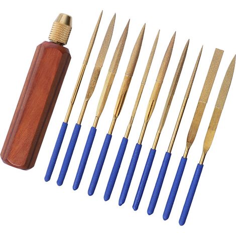 Lot de 11 limes fines en alliage pour bijoutier, bois, métal, plastique, sculpture, manche en palissandre, queue hexagonale, finition dorée titane (1/5)