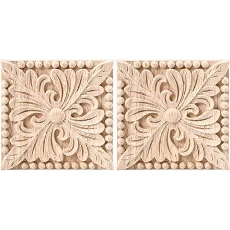 Lot de 2 Appliques SculptéEs en Bois Onlay Carré Sculpture DéCalque Non Peint Fleur Porte Armoire Meubles DéCoration 3,94 X Pouces
