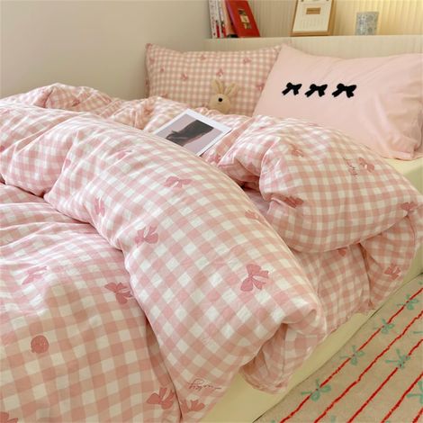Parure de lit 2 pièces 140 x 200 cm En microfibre Avec housse de couette et taie d'oreiller de 70 x 90 cm Rose et blanc à carreaux Pour enfant Avec fermeture éclair (1/5)