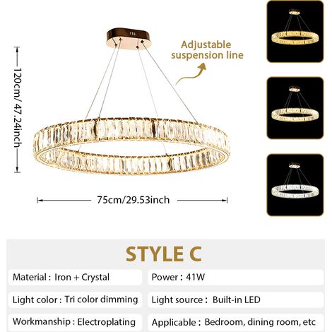 Moderne LED Kristall-Hängeleuchte Ø 75 cm, Goldene Deckenlampe mit 3 Lichtfarben, Höhenverstellbar, Großes Design