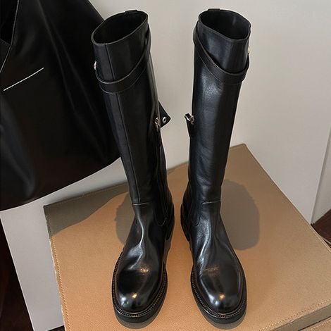 Stivali alti da donna, fibbia della cintura in pelle di cavallo lavata con punta tonda, tacco spesso, suola spessa, stivali da cavaliere lunghi da donna (1/3)
