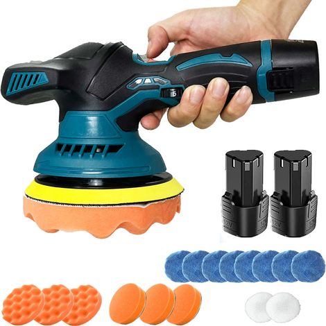 Lucidatrice, Tampone per levigatrice per lucidatrice per auto rotativa a batteria da 6 ", Lucidatrice elettrica con cerniere a 6 velocità con manico 16 pezzi + 2 batterie + caricabatterie