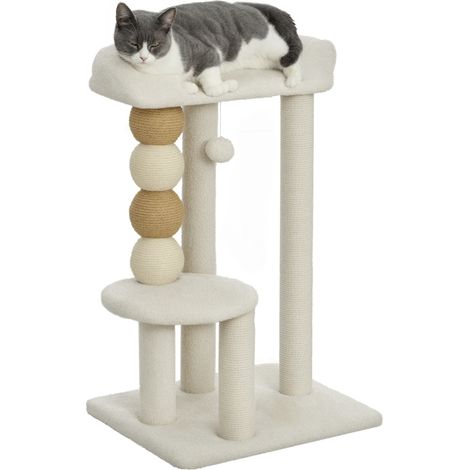 Arbre à chat avec couchage, plateforme et balle jouet, en bois, peluche et jute, 48,5 x 40 x 76 cm, beige (1/5)