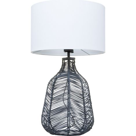 Litecraft Table Lamp Rattan Styled Base With White Drum Shade - Grey (1/5)