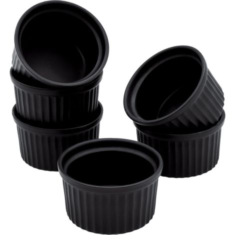 Porzellan Creme Brulee Schälchen klein - 200 ml / 6er Set - Ofen Soufflé Schalen schwarz - Dessertschälchen Servierschale Förmchen klassisch für Dessert Muffins Pasteten Mini Auflaufform