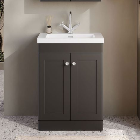 Nuie Classique Floor Standing 2-Door Vanity Unit with 1TH Contemporary Basin 600mm Wide - Satin Anthracite (1/5)