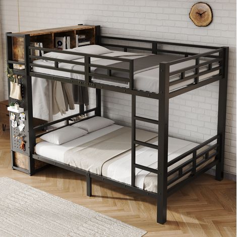 Schwarzes Metall-Etagenbett 120x200 cm mit Stauraum, Kleiderstange, Schublade, Lochwand und offenen Ablagefächern – Stockbett mit multifunktionalem Aufbewahrungssystem