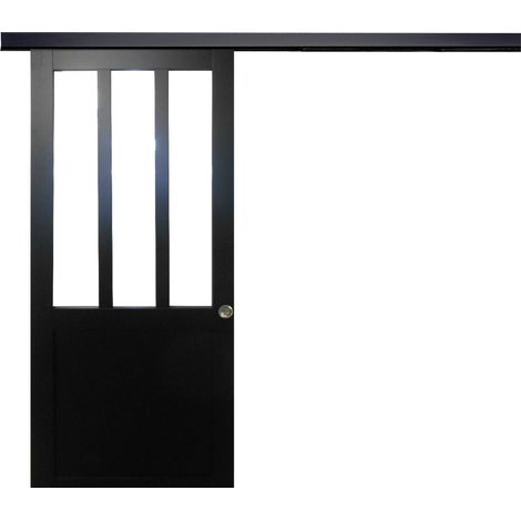 Officina per porte scorrevoli Vetro trasparente rivestito nero H204 x L73 + binario nero + 2 gusci installati (1/5)