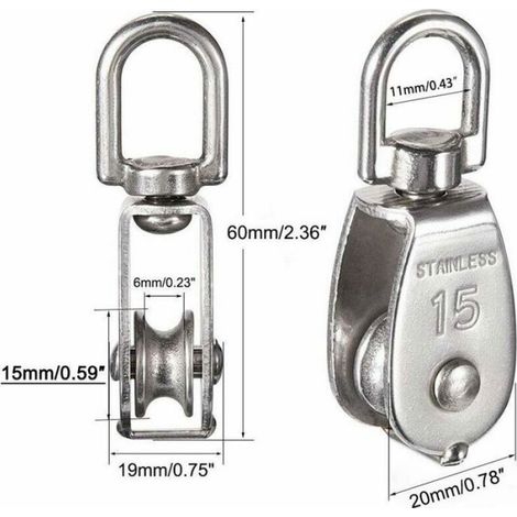 Poulie Simple - Acier Inoxydable 304 - Diamètre 15 mm - Charge Maximale 35 kg - Pour Câble ou Corde - 12 Pièces (1/4)