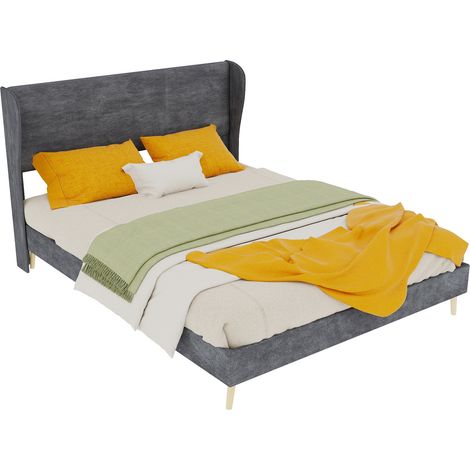 Lit double 140x200 cm capitonné en velours gris, cadre bas moderne avec tête de lit douce, sans coffre ni sommier tapissier, montage facile - CHICFURN (1/5)