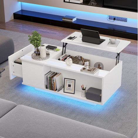 Mesa de centro elevable 100x50x40 cm con almacenamiento oculto, cajón lateral y LED, tablero de partículas blanco (1/5)