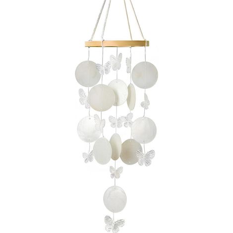 Carillon avec papillons et coquillages, Déco Bohème, 70cm, Blanc