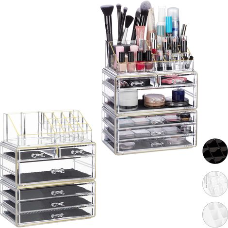 Set of 2 Relaxdays Organiser with 6 Drawers, 22 Compartments for Makeup Storage, Acrylic Cosmetic Tower, Gold