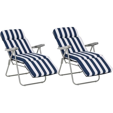 Chaise longue d'extérieur pliante et enclenable 2 pièces, avec coussen rembourré, bleue et blanche idéal pour se détendre au soleil dans votre jardin, sur votre terrasse ou au bord de la piscine, all (1/5)