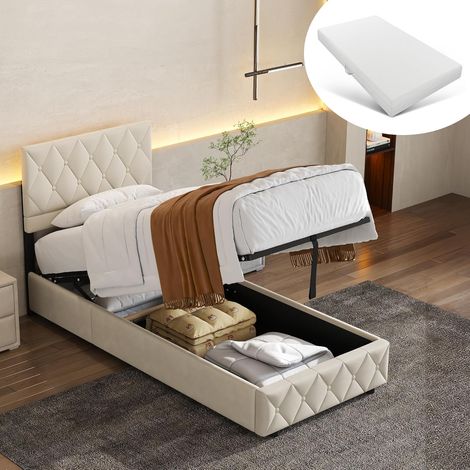 Lit coffre Okwish 140 x 200 cm – Lit double rembourré avec tête de lit LED et port USB Type-C – Cadre avec sommier à lattes et coffre de rangement hydraulique, tissu en coton beige, matelas non inclus (1/5)