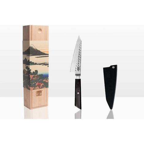 Couteau d'Office Japonais Lame 13,5 cm Acier 440C Manche Ébène avec Étui en Bambou - PANGIVO (1/5)
