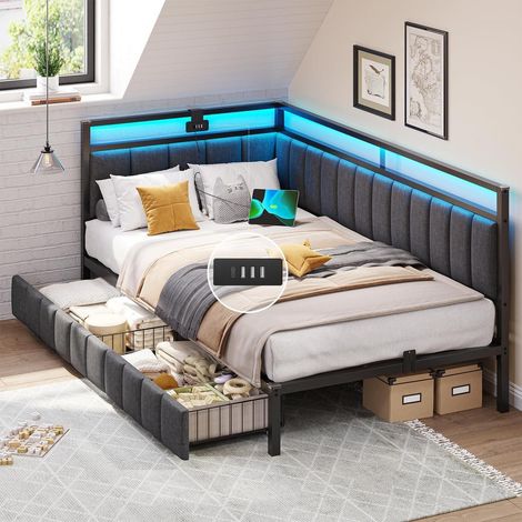 Jugendbett 90x190 mit LED, USB-Ladestation und 2 Schubladen, Dunkelgrau (1/5)
