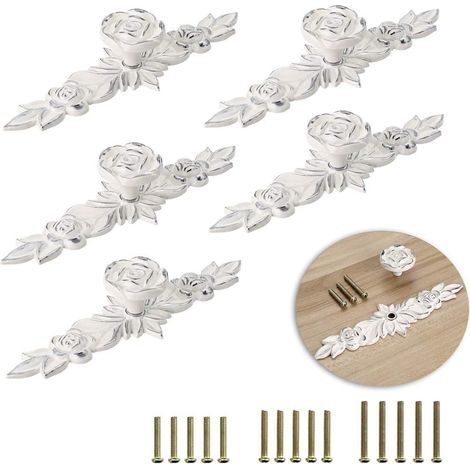 5pcs bouton de porte de feuille bouton de porte d'armoire vintage décore des tiroirs, des commodes, des armoires, des meubles, etc. (14.6cm) (Argent) (1/5)