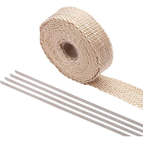 Bande Thermique Echappement 2.5CM x 5M Isolant Thermique Bande avec 4 Attaches en Acier Inoxydable pour Ruban d'isolation Thermique de Collecteur d'échappement de Moto (Crème) (1/5)