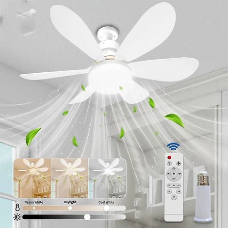 Ventilateur de plafond LED avec télécommande, culot E27, 3 couleurs 3000 K a 6500 K, idéal pour la cuisine, le garage, blanc (1/5)