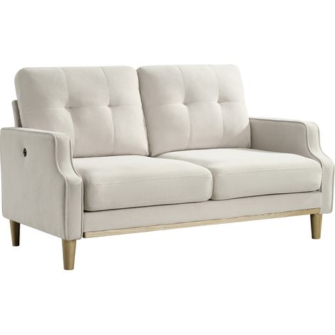 Canapé 2 places compact en tissu beige avec port USB, coussins épais et pieds en bois pour petit appartement, chambre ou bureau, accoudoirs originaux  CHICFURN (1/5)