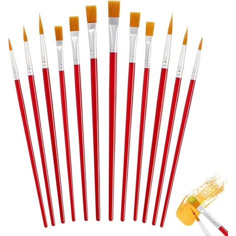 Juego de 12 pinceles acrílicos, rojos, finos, puntiagudos y planos para acuarela, pintura al óleo, gouache o manualidades. (1/5)