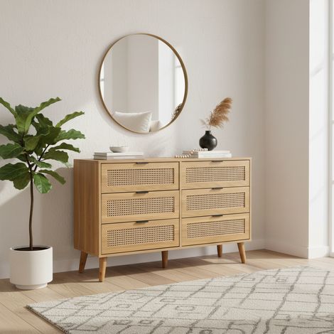 URBAN MEUBLE Buffet rétro façade en rotin tressé 6 tiroirs pieds obliques 120x40x76.5cm (1/5)