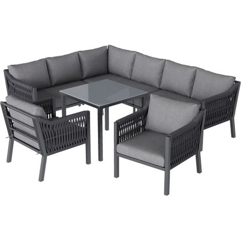 Salon de jardin encastrable 8 personnes coin table repas verre canapé fauteuils fer galvanisé corde tressée main gris (1/5)