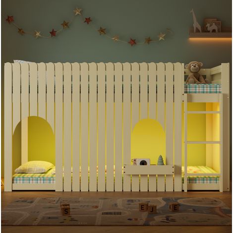 Bett Hochbett modern 90x200 cm, Kiefer Massivholz & MDF in Natur, mit Rundum-Zaun, 3-stufiger Leiter und LED (1/5)